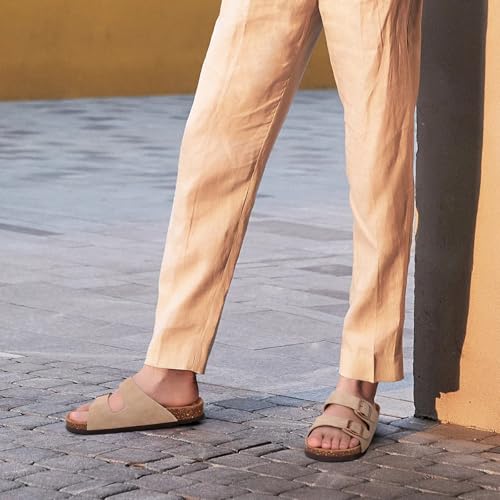 ODOLY Unisex Cork Footbed Slide Sandal, Arch Support Summer Outdoor Sandals with Adjustable Buckle for Women and Men, Taupe Suede 39 (8-8.5 Women/6.5-7 Men) - Image 2