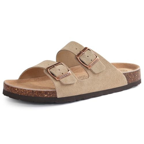ODOLY Unisex Cork Footbed Slide Sandal, Arch Support Summer Outdoor Sandals with Adjustable Buckle for Women and Men, Taupe Suede 39 (8-8.5 Women/6.5-7 Men) - Image 1