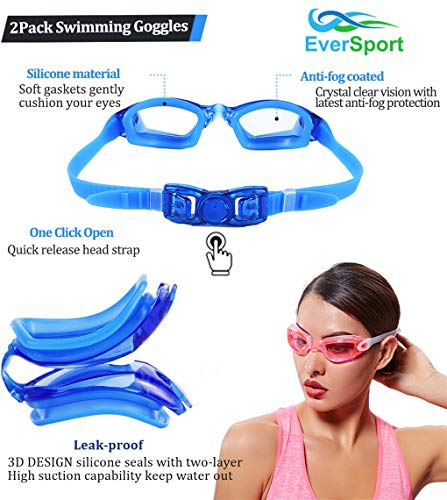 EverSport Swim Goggles, Pack of 2, Swimming Glasses for Adult Men Women Youth Kids Child, Anti-Fog, UV Protection, Shatter-Proof, Watertight(Blue&Pink) - Image 4
