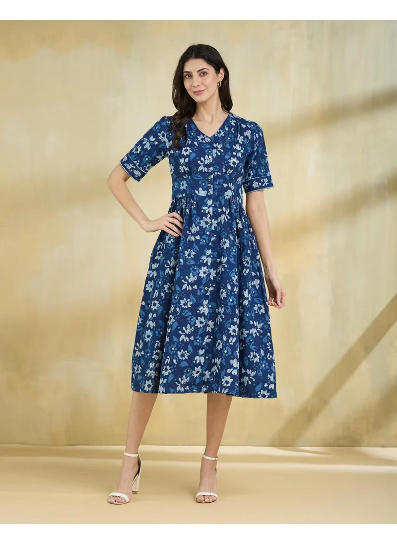 فاب انديا Indigo Cotton Dabu Printed Midi Dress