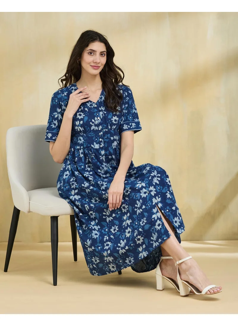 Fabindia Indigo Cotton Dabu Printed Midi Dress