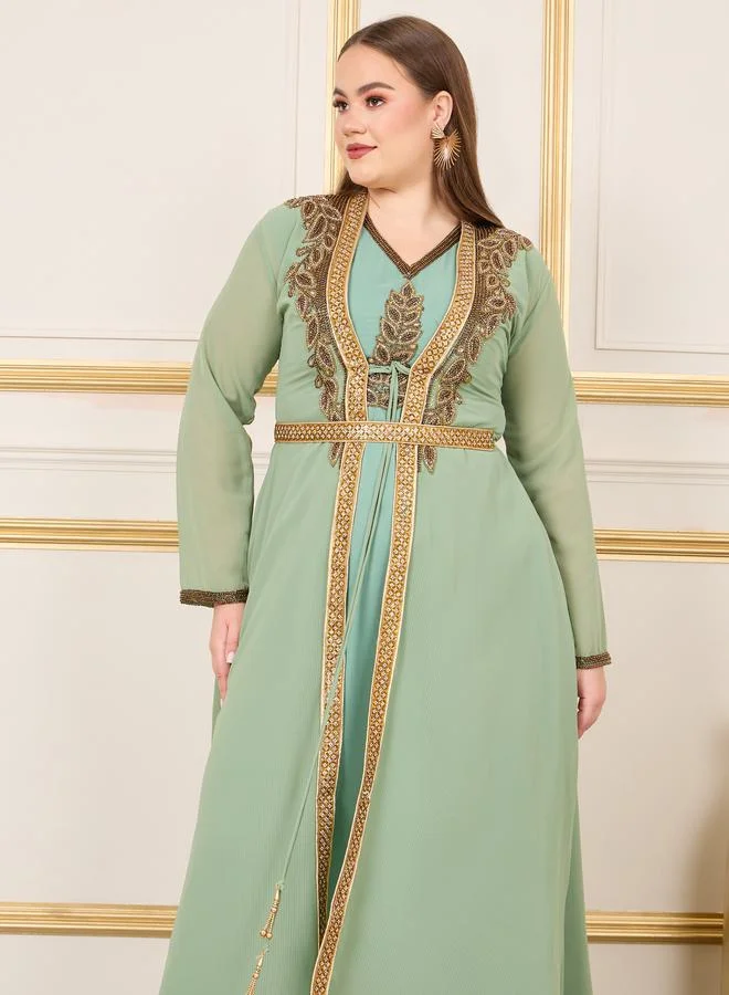Maxim Creation Plus Handwork Embellished Belted Kaftan by Styli