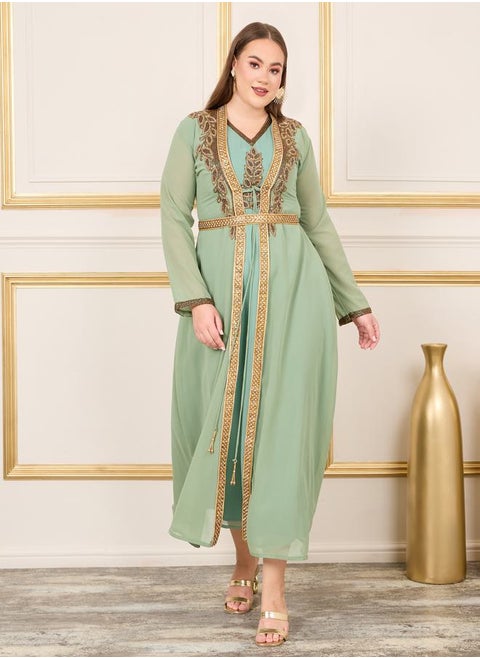 Plus Handwork Embellished Belted Kaftan by Styli