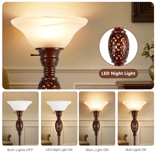 Luvkczc 70" Torchiere Floor Lamp with NightLight - Victorian Style Standing Lamp for Living Room, Bedroom, Office - Retro Floor Lamps with Rotary Switch & Etched Glass Shade, Home Decor, Bulb Included - Image 2