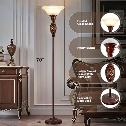 Luvkczc 70" Torchiere Floor Lamp with NightLight - Victorian Style Standing Lamp for Living Room, Bedroom, Office - Retro Floor Lamps with Rotary Switch & Etched Glass Shade, Home Decor, Bulb Included - Image 3
