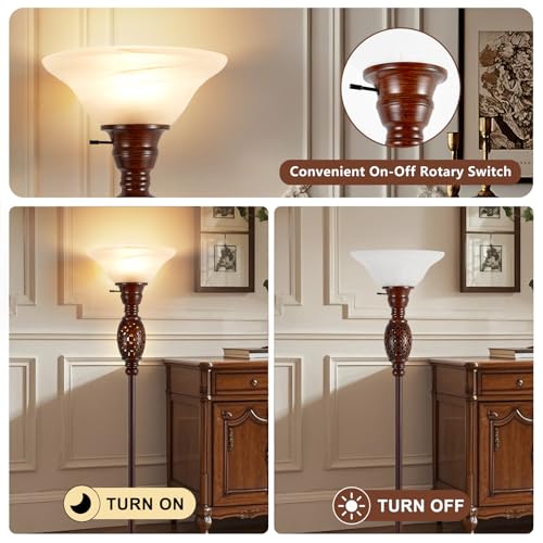 Luvkczc 70" Torchiere Floor Lamp with NightLight - Victorian Style Standing Lamp for Living Room, Bedroom, Office - Retro Floor Lamps with Rotary Switch & Etched Glass Shade, Home Decor, Bulb Included - Image 4