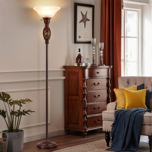 Luvkczc 70" Torchiere Floor Lamp with NightLight - Victorian Style Standing Lamp for Living Room, Bedroom, Office - Retro Floor Lamps with Rotary Switch & Etched Glass Shade, Home Decor, Bulb Included - Image 5