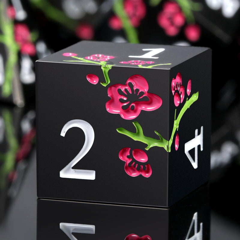 DNDND Metal Dice Set D&D, DNDND 7 PCS Flower Metallic DND Dice Set with Grogeous Gift Case for Dungeons and Dragon Tabletop Game (Matte Black with Pink Flower) - Image 1