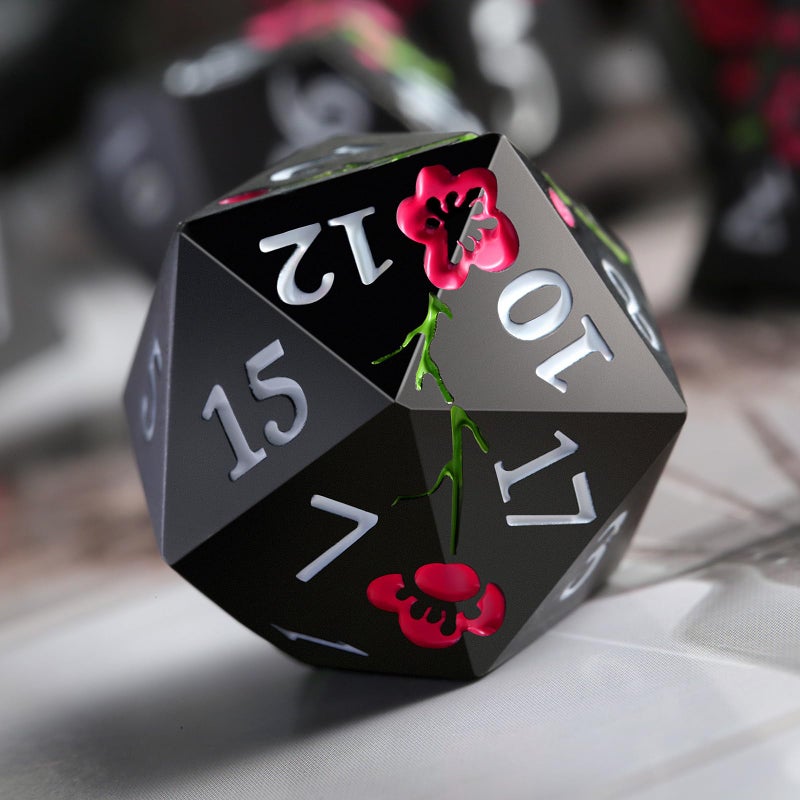 DNDND Metal Dice Set D&D, DNDND 7 PCS Flower Metallic DND Dice Set with Grogeous Gift Case for Dungeons and Dragon Tabletop Game (Matte Black with Pink Flower) - Image 4