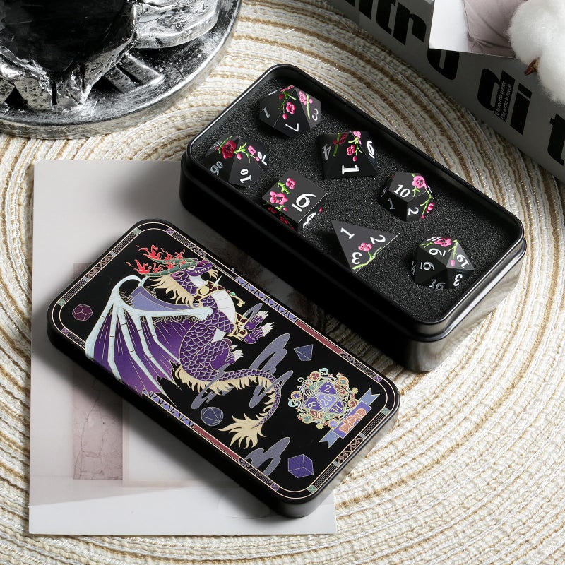 DNDND Metal Dice Set D&D, DNDND 7 PCS Flower Metallic DND Dice Set with Grogeous Gift Case for Dungeons and Dragon Tabletop Game (Matte Black with Pink Flower) - Image 3