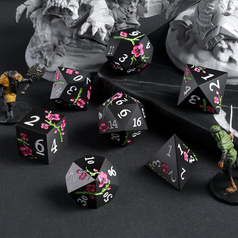 DNDND Metal Dice Set D&D, DNDND 7 PCS Flower Metallic DND Dice Set with Grogeous Gift Case for Dungeons and Dragon Tabletop Game (Matte Black with Pink Flower) - Image 2