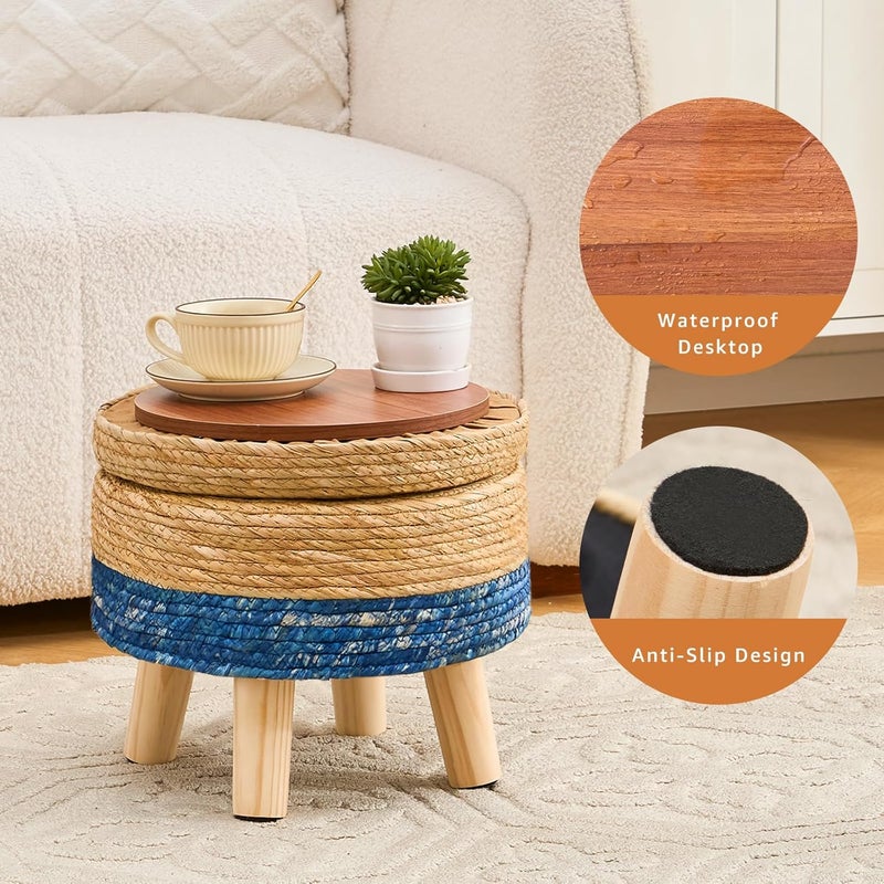 Cpintltr Storage Ottoman Poufs Handwoven Footstool Natural Seagrass Round Footrest Stool with 4 Wood Legs Soft Padded Outdoor Seat for Hallway Lounge Bedroom Garden - Image 5
