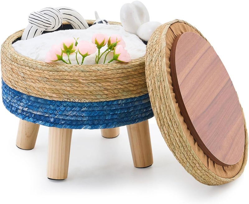 Cpintltr Storage Ottoman Poufs Handwoven Footstool Natural Seagrass Round Footrest Stool with 4 Wood Legs Soft Padded Outdoor Seat for Hallway Lounge Bedroom Garden - Image 1