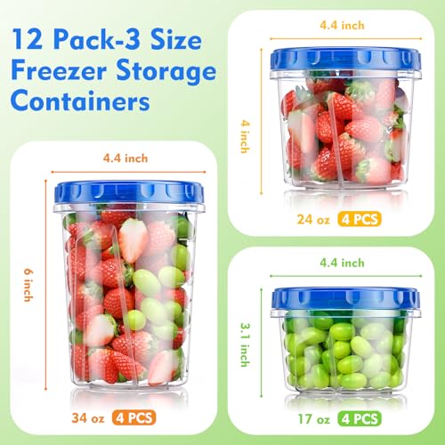 BiuLeon 12 Pack- 34/24/17oz Freezer Storage Containers, Plastic Food Storage Containers with Twist Top Lids, BPA Free and Reusable Soup Containers with Lids, Leakproof/Microwave/Dishwasher Safe - Image 2
