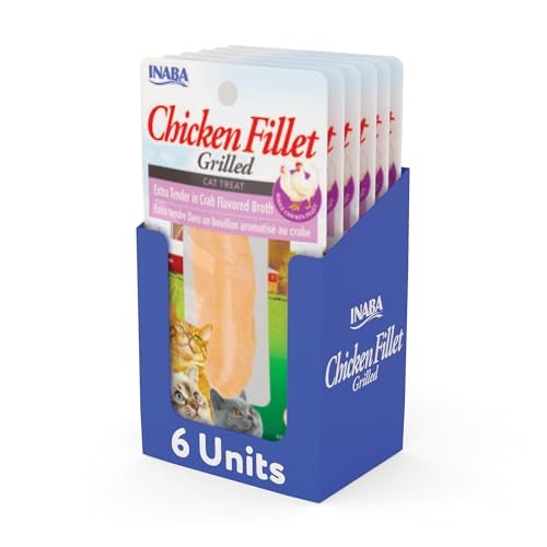 INABA Premium Hand-Cut Grilled Chicken Fillet Cat Treats/Topper with Vitamin E and Green Tea Extract, 0.9 Ounces Each, Pack of 6, Extra Tender Crab Broth - Image 1