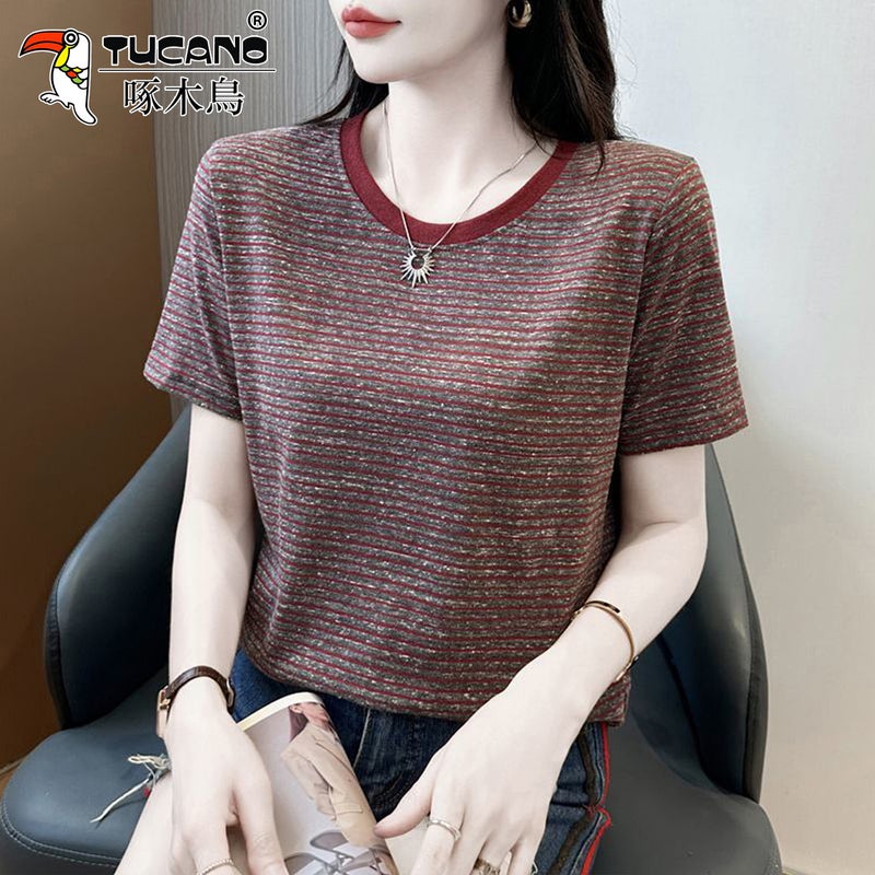 Woodpecker striped short-sleeved T-shirt for women 2025 new summer middle-aged mother loose fashion anti-aging round neck top - Image 3