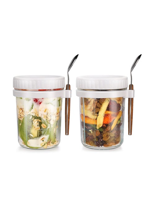 Overnight Oats Jar, Overnight Oats Container with Lid and Spoon, Milk, Vegetable and Fruit Salad Storage Container, White