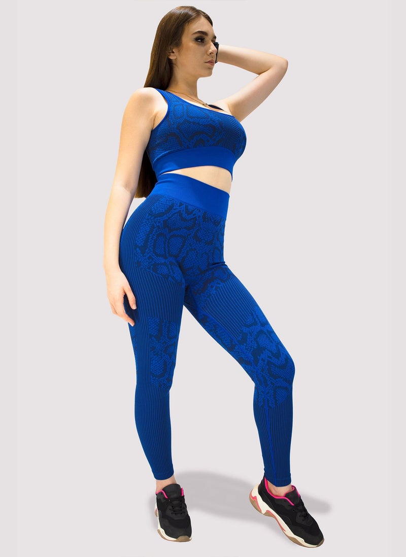 KIDWALA ACTIVE Kidwala 2 Pieces Leopard Set - High Waisted Leggings with Padded Sports Round neck Bra Workout  Gym Yoga Snack Print Outfit for Women (Small, Blue) - Image 2