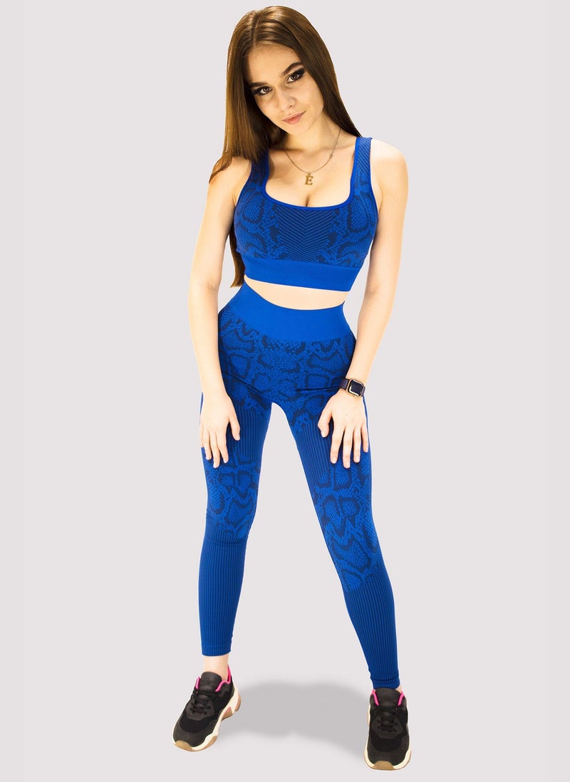 KIDWALA ACTIVE Kidwala 2 Pieces Leopard Set - High Waisted Leggings with Padded Sports Round neck Bra Workout  Gym Yoga Snack Print Outfit for Women (Small, Blue) - Image 4