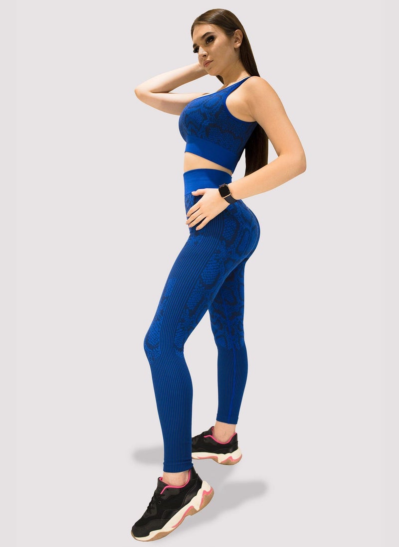 KIDWALA ACTIVE Kidwala 2 Pieces Leopard Set - High Waisted Leggings with Padded Sports Round neck Bra Workout  Gym Yoga Snack Print Outfit for Women (Small, Blue) - Image 3