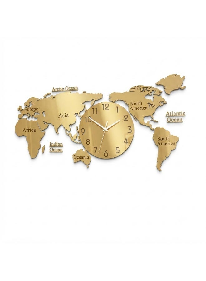 Acrylic 3D World Map Wall Clock Large Modern Decorative Timepiece Mirror Effect Silent Quartz DIY Wall Clock for Living Room Bedroom Office Home Decoration UAE Gold - Image 1