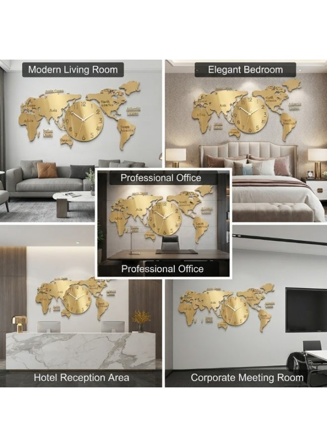 Acrylic 3D World Map Wall Clock Large Modern Decorative Timepiece Mirror Effect Silent Quartz DIY Wall Clock for Living Room Bedroom Office Home Decoration UAE Gold - Image 4