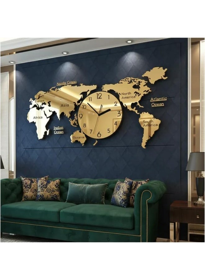 Acrylic 3D World Map Wall Clock Large Modern Decorative Timepiece Mirror Effect Silent Quartz DIY Wall Clock for Living Room Bedroom Office Home Decoration UAE Gold - Image 3