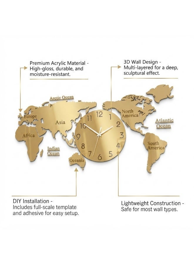 Acrylic 3D World Map Wall Clock Large Modern Decorative Timepiece Mirror Effect Silent Quartz DIY Wall Clock for Living Room Bedroom Office Home Decoration UAE Gold - Image 2