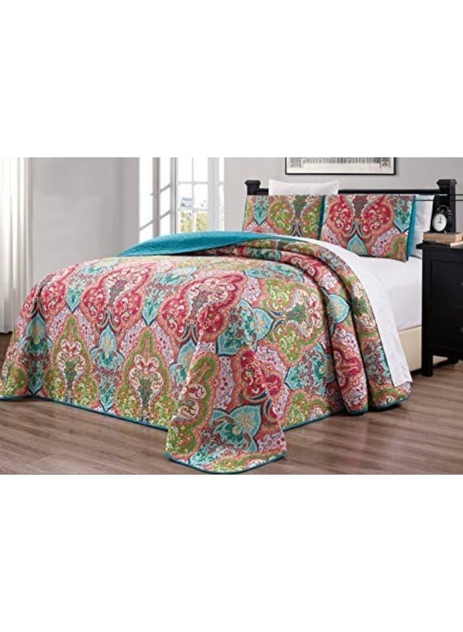 Grand Linen - 3-Piece Oversize (100 X 95) Fine Printed Prewashed Boho Decor Quilt Set Reversible Bedspread Coverlet Full/Queen Size Bed Cover (Turquoise Blue, Sage Green, Orange, Terra Cotta Red)