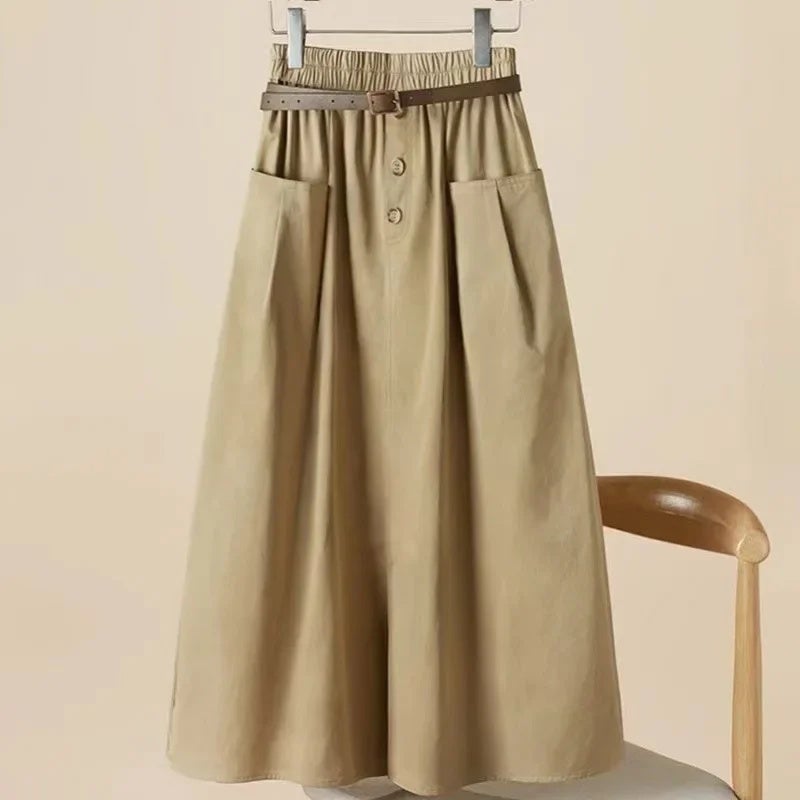 Pure Cotton Summer New Elastic Large Pocket Over-The-Knee Casual High-Waisted Slimming A-Line Skirt for Women - Image 4