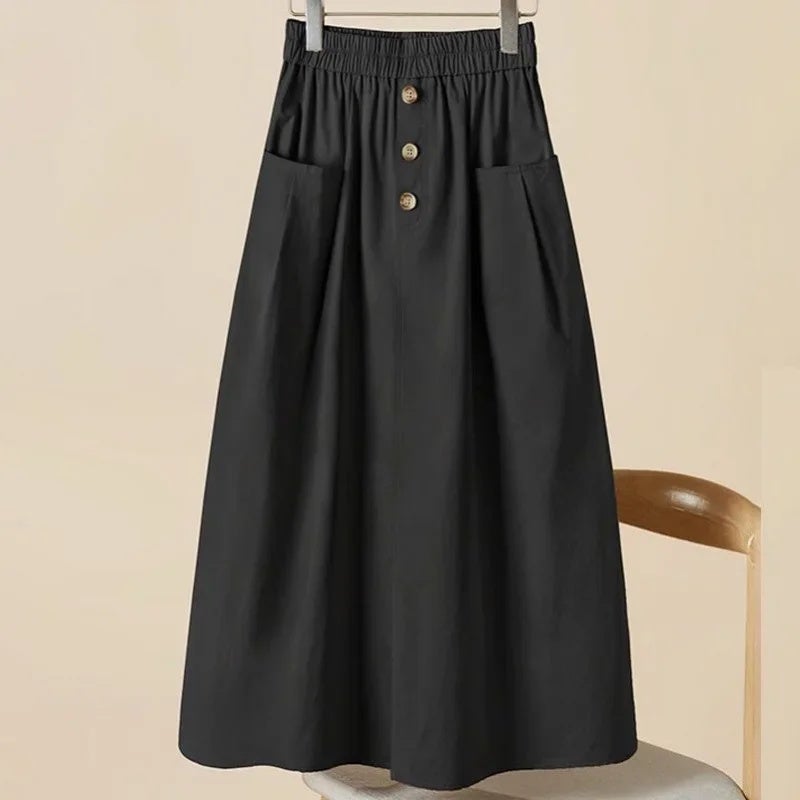Pure Cotton Summer New Elastic Large Pocket Over-The-Knee Casual High-Waisted Slimming A-Line Skirt for Women - Image 2