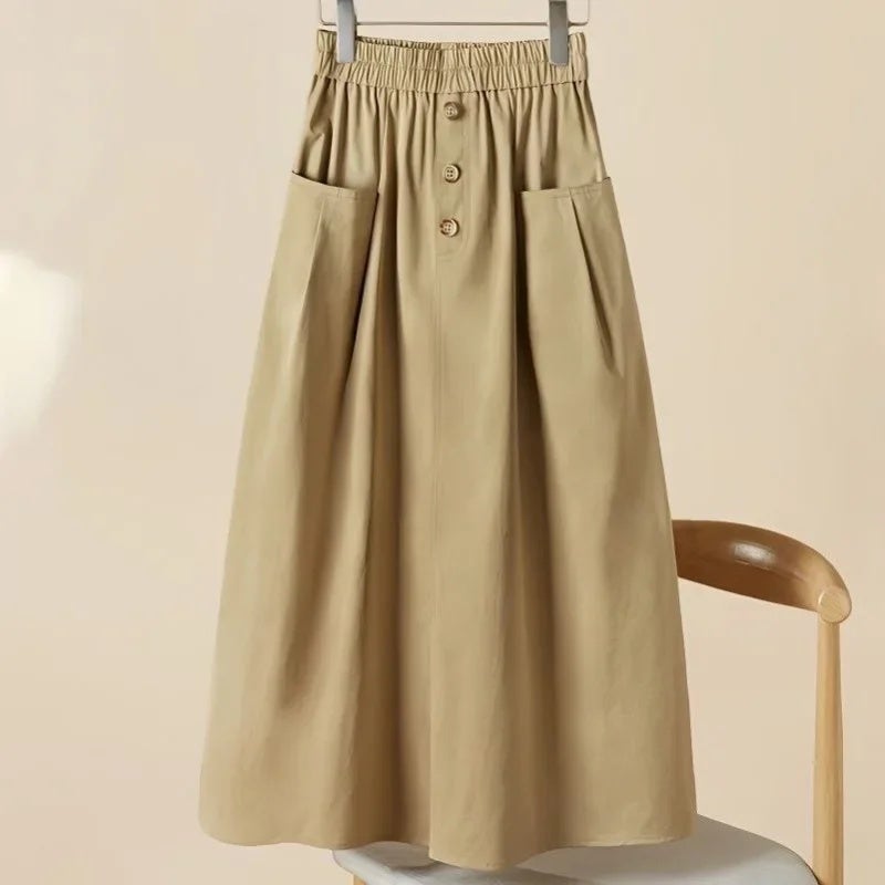 Pure Cotton Summer New Elastic Large Pocket Over-The-Knee Casual High-Waisted Slimming A-Line Skirt for Women - Image 5