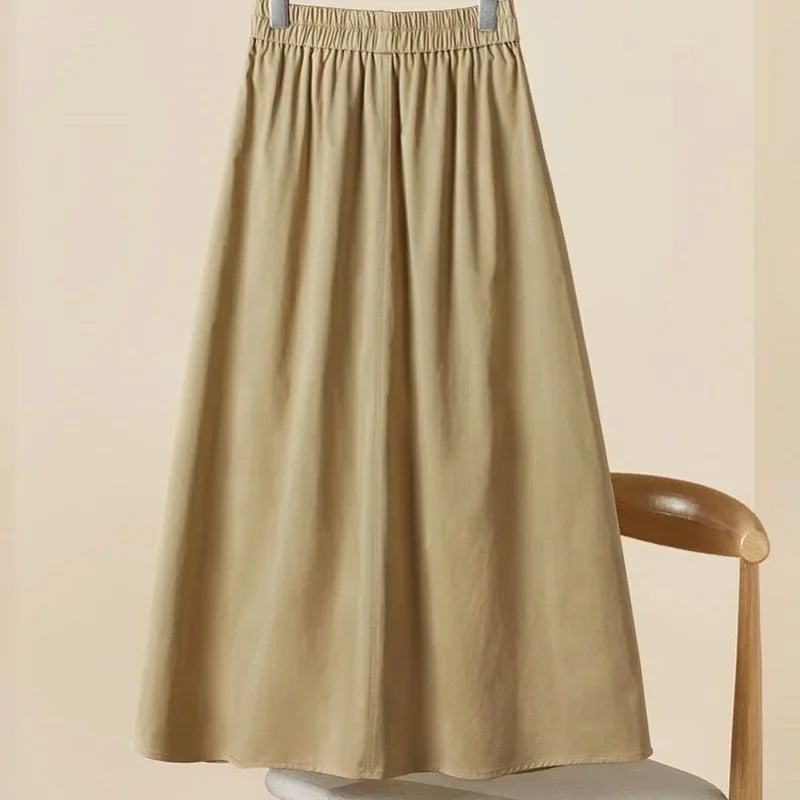 Pure Cotton Summer New Elastic Large Pocket Over-The-Knee Casual High-Waisted Slimming A-Line Skirt for Women - Image 3