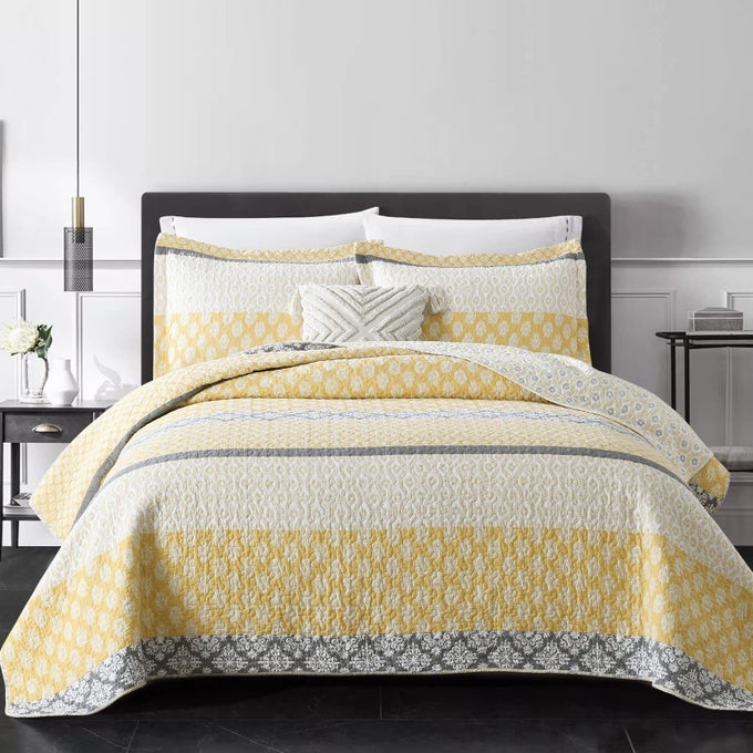 YELLOW QUILT KING SIZE KING QUILT SET 100 LONGSTAPLE COTTON FLORAL QUILT BEDDING SET BEDSPREADS PATCHWORK REVERSIBLE LIGHTWEIGHT COMFORTER BED SPREAD FOR ALL SEASON YELLOWGRAY 3 PCS