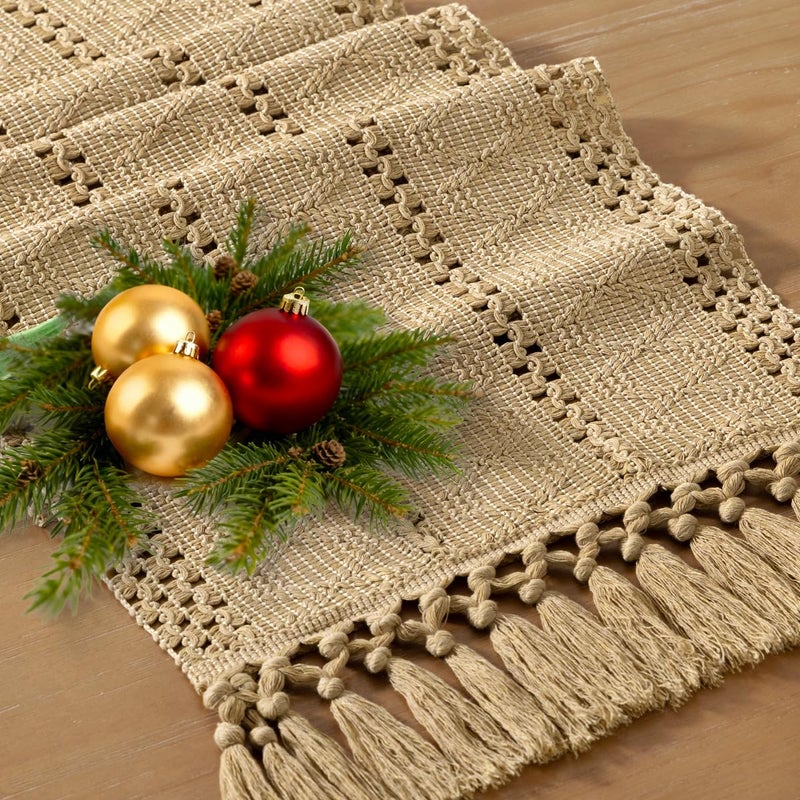 Socomi Boho Table Runner Macrame Easter Spring Farmhouse Woven Cotton Linen Rustic Coffee Table Runner with Tassels for Small Dresser Scarf Home Decor Dining Room 12x72 inch Champagne - Image 1