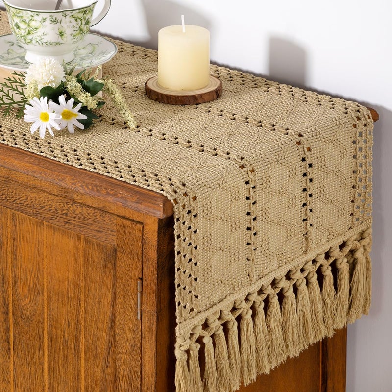 Socomi Boho Table Runner Macrame Easter Spring Farmhouse Woven Cotton Linen Rustic Coffee Table Runner with Tassels for Small Dresser Scarf Home Decor Dining Room 12x72 inch Champagne - Image 2