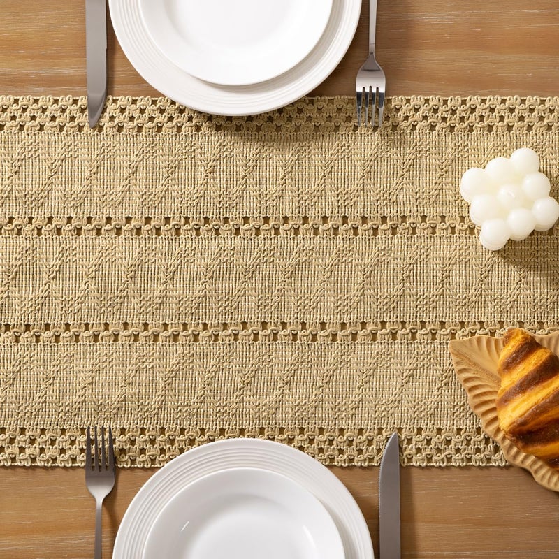 Socomi Boho Table Runner Macrame Easter Spring Farmhouse Woven Cotton Linen Rustic Coffee Table Runner with Tassels for Small Dresser Scarf Home Decor Dining Room 12x72 inch Champagne - Image 5