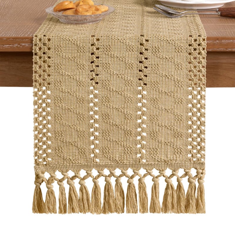 Socomi Boho Table Runner Macrame Easter Spring Farmhouse Woven Cotton Linen Rustic Coffee Table Runner with Tassels for Small Dresser Scarf Home Decor Dining Room 12x72 inch Champagne - Image 3