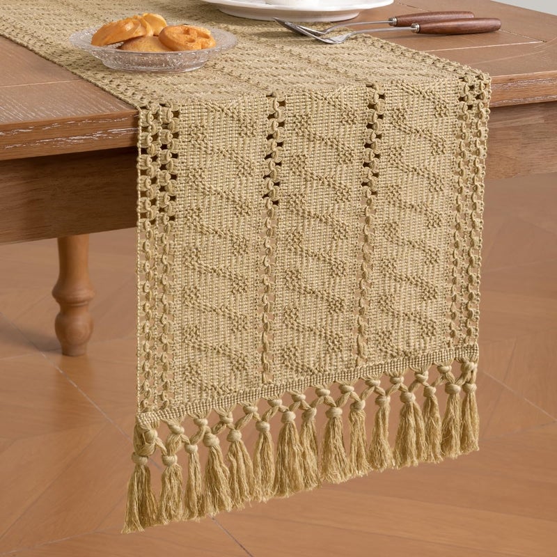 Socomi Boho Table Runner Macrame Easter Spring Farmhouse Woven Cotton Linen Rustic Coffee Table Runner with Tassels for Small Dresser Scarf Home Decor Dining Room 12x72 inch Champagne - Image 4