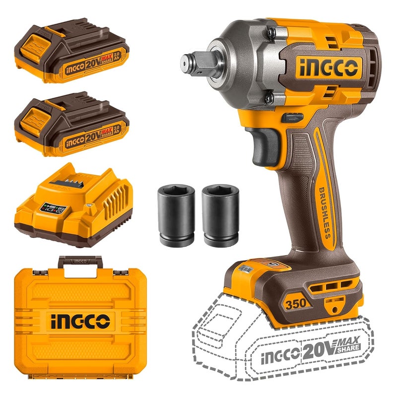 INGCO مفتاح صدمات إنغكو اللاسلكي، عزم الربط: 350Nm، عزم فك الصواميل: 450Nm، LED - Image 1