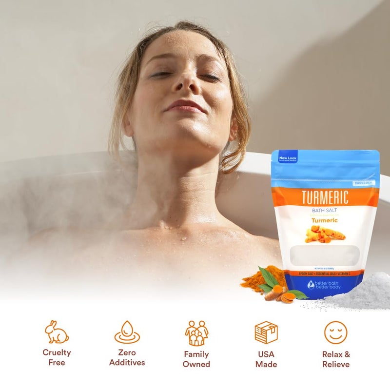 Better Bath Better Body Turmeric Bath Salt 32 Oz Epsom Salt with Essential Oils Turmeric, Cinnamon, Orange Plus Vitamin C in BPA-Free Pouch with Easy Press-Lock Zipper | Natural Bath Soak to Relieve & Soothe | Made in USA - Image 3