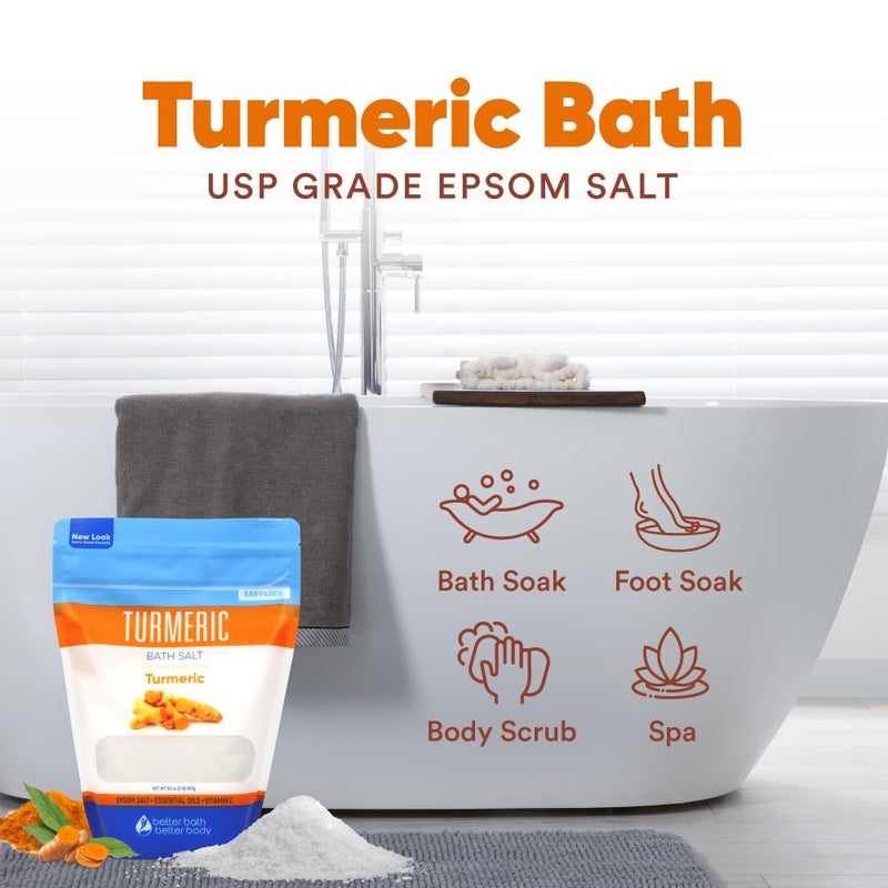 Better Bath Better Body Turmeric Bath Salt 32 Oz Epsom Salt with Essential Oils Turmeric, Cinnamon, Orange Plus Vitamin C in BPA-Free Pouch with Easy Press-Lock Zipper | Natural Bath Soak to Relieve & Soothe | Made in USA - Image 4