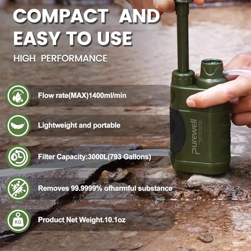 Purewell Water Hand Purifier Pump with Replaceable Carbon 0.01 Micron Water Filter, 4 Filter Stages, Portable Outdoor Emergency and Survival Gear - Camping, Hiking, Backpacking(Green) - Image 5