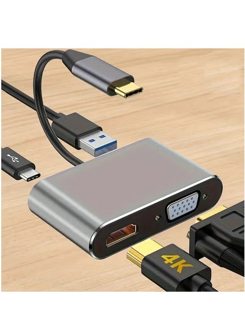 USB C Hub, USB 3.0 Hub Splitter, Type C to HDMI 4K VGA USB3.0 Audio Video Converter Charging Port Hub Adapter for All Computers, TVs, laptops Grey