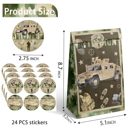 Outego Army Party Favor Bags – 24 Pcs Camouflage Gift Bags with 4 Designs, Military Party Supplies for Kids Birthday Decorations and Tough Mission Theme Goodie Bags - Image 3