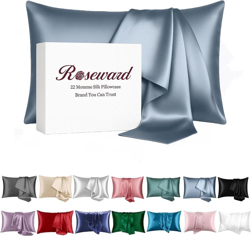 ROSEWARD Real Mulberry Silk Pillowcase for Hair and Skin Made in USA, 22 Momme Silk Zippered Pillow Cases Standard Size, 6A Grade Organic Silk, Hypoallergenic, Anti Acne (Standard, Blue Grey) - Image 1