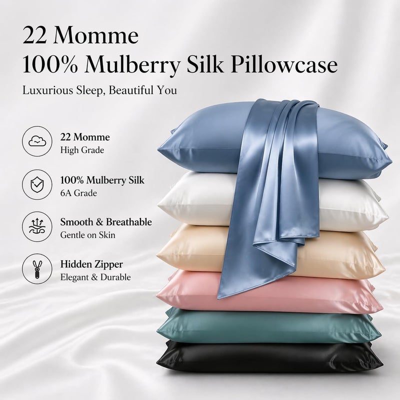 ROSEWARD Real Mulberry Silk Pillowcase for Hair and Skin Made in USA, 22 Momme Silk Zippered Pillow Cases Standard Size, 6A Grade Organic Silk, Hypoallergenic, Anti Acne (Standard, Blue Grey) - Image 2