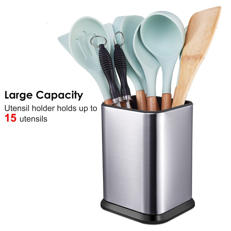 RedCall Stainless Steel Kitchen Utensil Holder for Countertop, Spoon Spatula Organizer,Modern Rectangular Large Cooking Utensil Caddy Counter,Utensil Crock Silver - Image 2