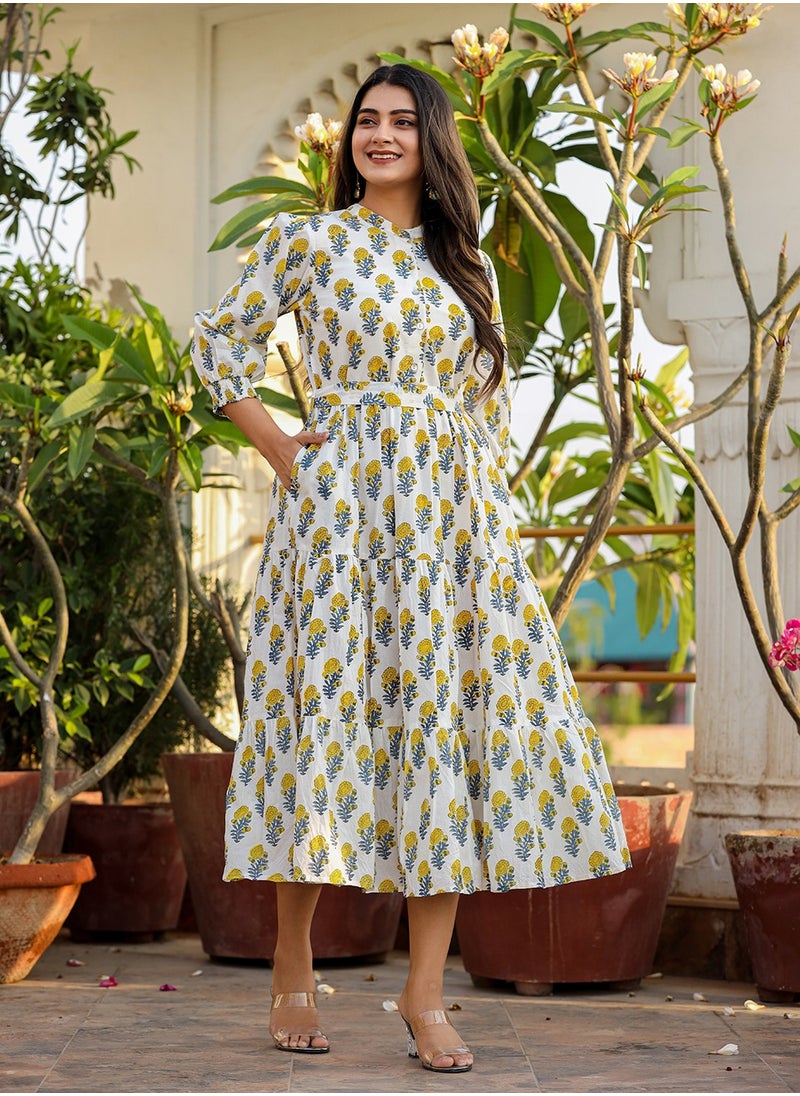 Women's White & Yellow Handblock Printed Cotton Dress – Elegant Fit & Flare Midi Dress - pzsku/Z9409C3ECD462DAB79446Z/45/1741080140/bf7e0061-e845-4e6f-a483-e2e87c8a23da