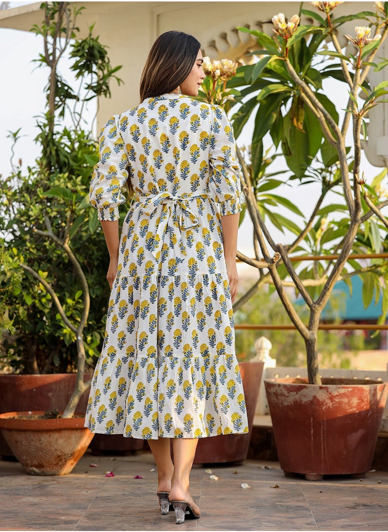 Women's White & Yellow Handblock Printed Cotton Dress – Elegant Fit & Flare Midi Dress - pzsku/Z9409C3ECD462DAB79446Z/45/1741080145/25222427-1fc5-4b74-a7cb-ad6773fa5065